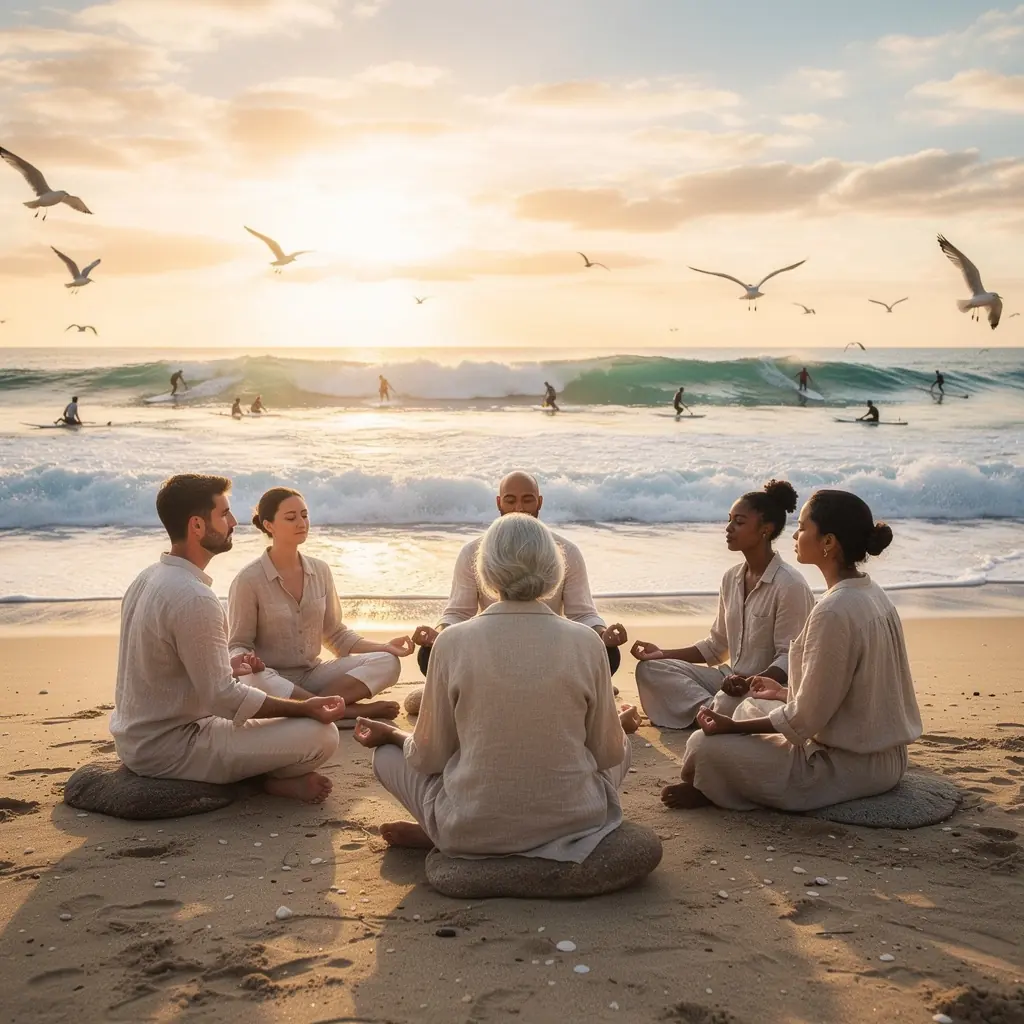 Vista de un paisaje sereno con montañas y un lago, ideal para la meditación.