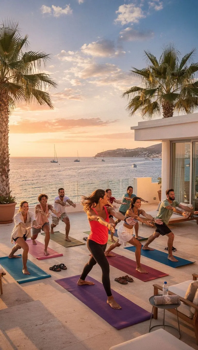 Un grupo de personas meditando en un estudio luminoso, rodeados de plantas y elementos decorativos que fomentan la calma.