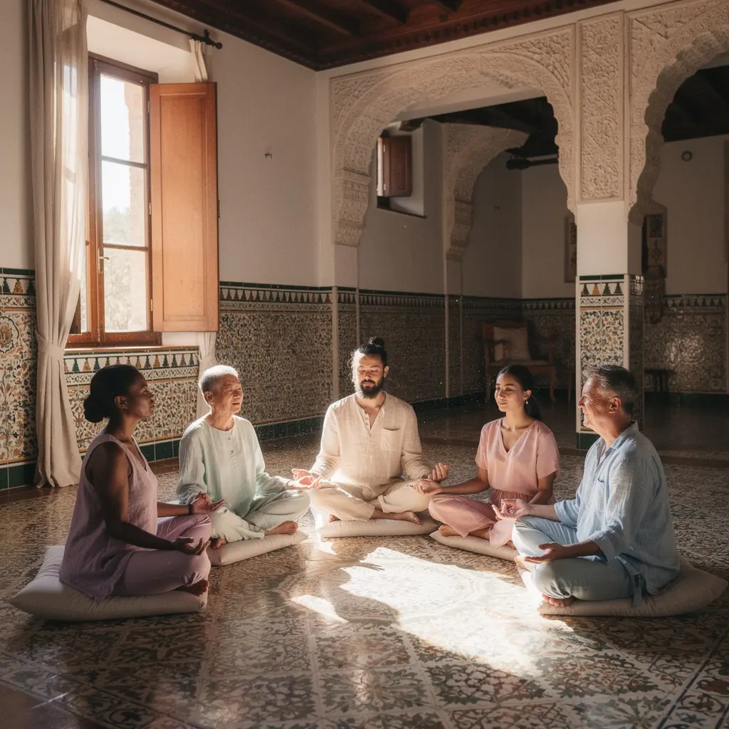 Un grupo de personas meditando en un estudio luminoso, rodeados de plantas y elementos decorativos que fomentan la calma.