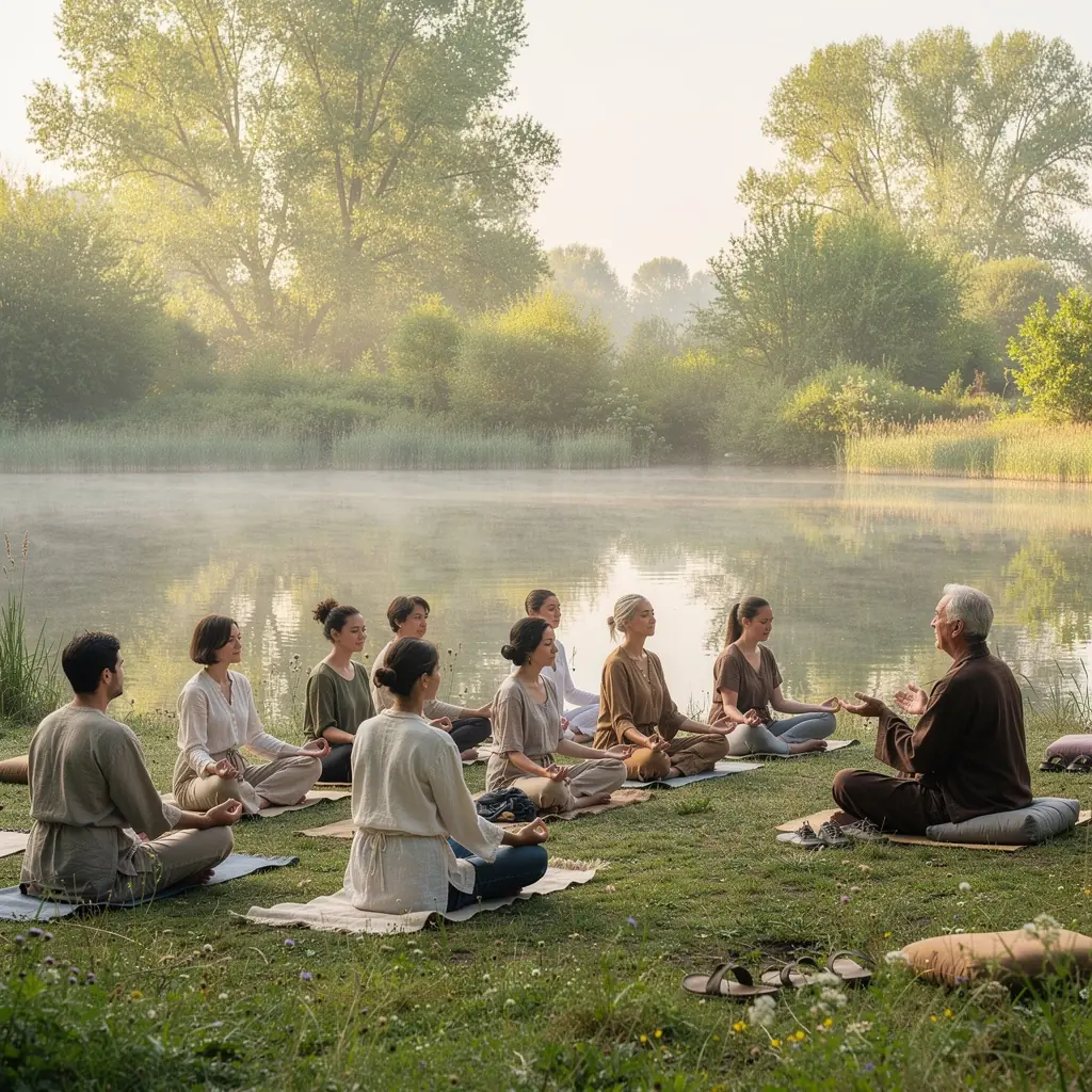 Un grupo de personas meditando en un estudio luminoso, rodeados de plantas y elementos decorativos que fomentan la calma.
