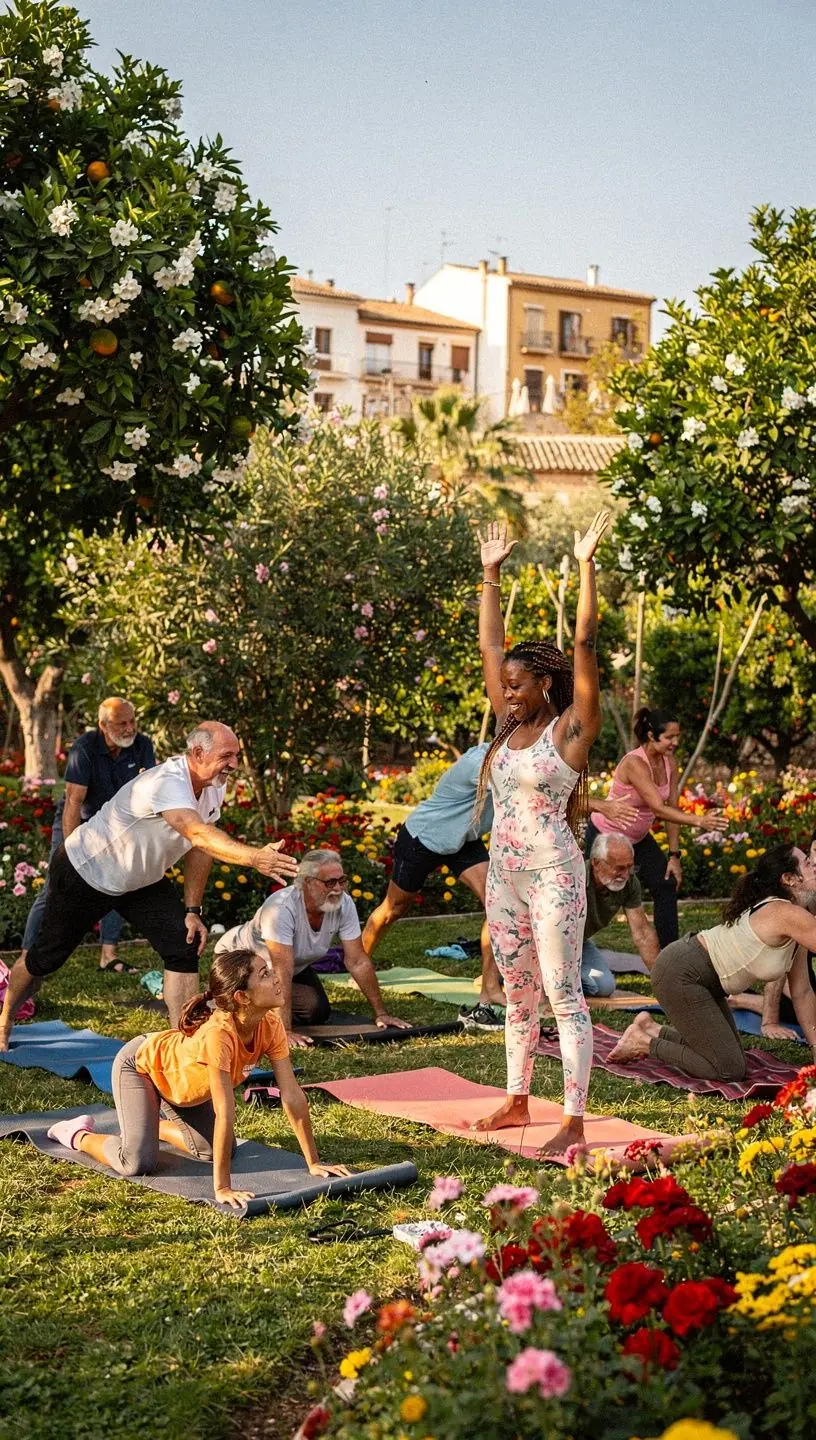 Un grupo de personas meditando en un estudio luminoso, rodeados de plantas y elementos decorativos que fomentan la calma.
