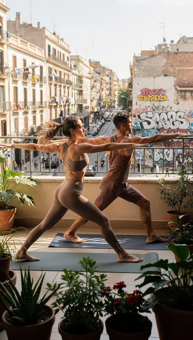 Un grupo de personas meditando en un estudio luminoso, rodeados de plantas y elementos decorativos que fomentan la calma.